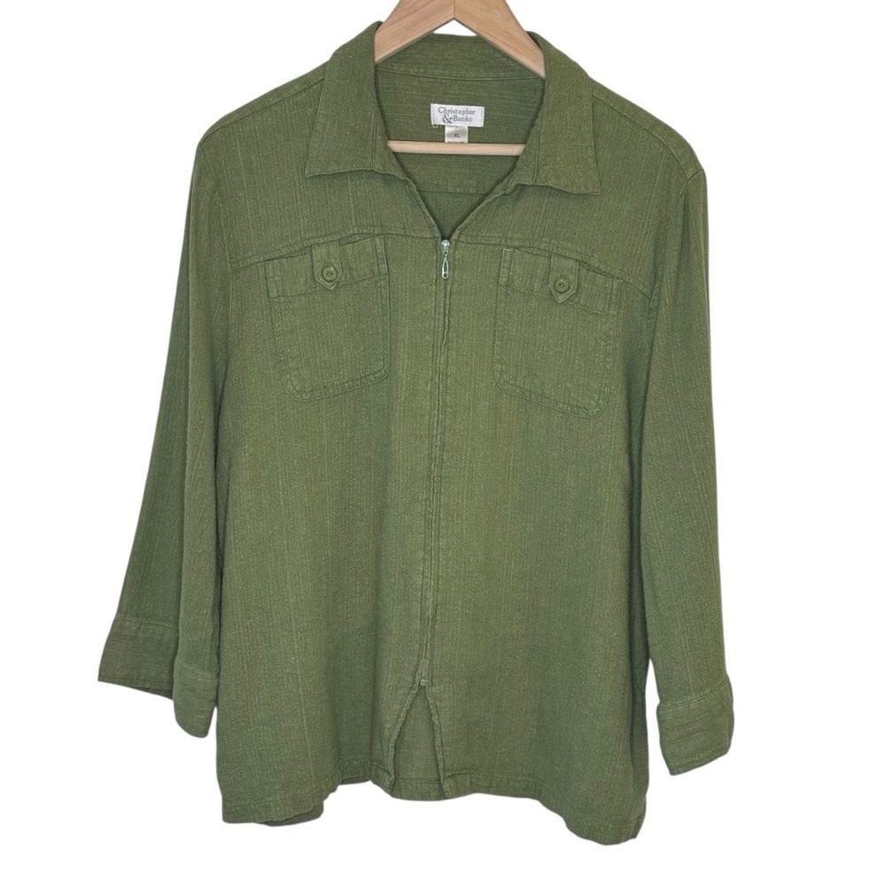 Christopher & Banks Women's Olive Linen Blend Zipper Front Jacket Shirt Size XL